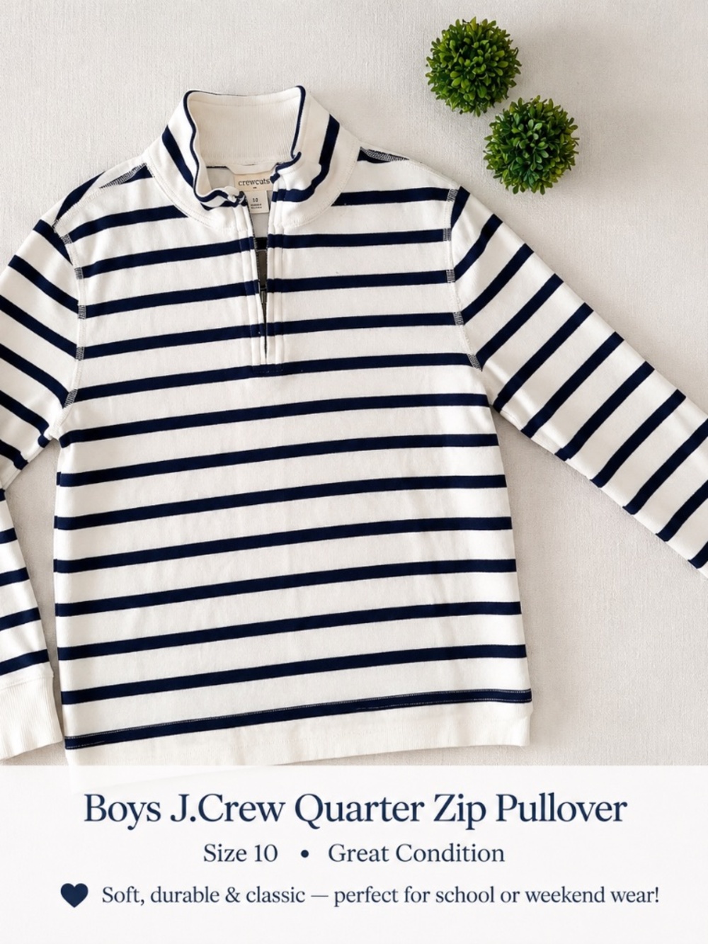 J.Crew Crewcuts Boys Size 10 Navy Stripe Quarter Zip Pullover